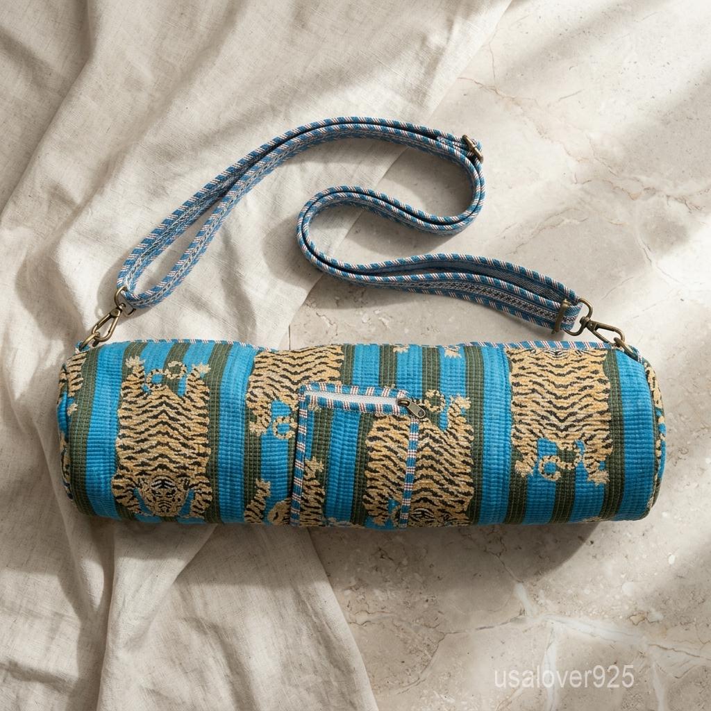 Hand Block Print Quilted Cotton Yoga Mat Bag, Blue Tiger Stripe Crossbody Carrier