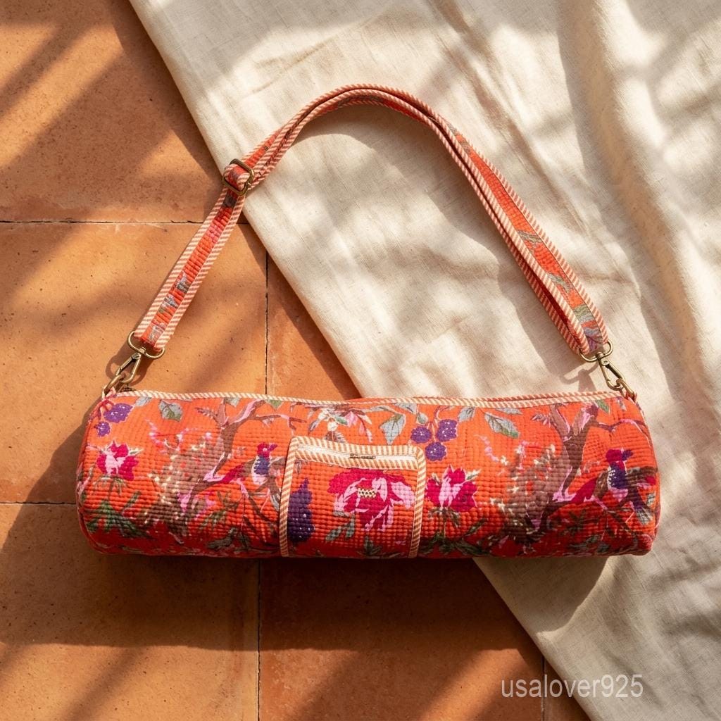 Quilted Cotton Yoga Mat Bag, Orange Magenta Floral Bird Crossbody Carrier, Zipper Pocket Holder