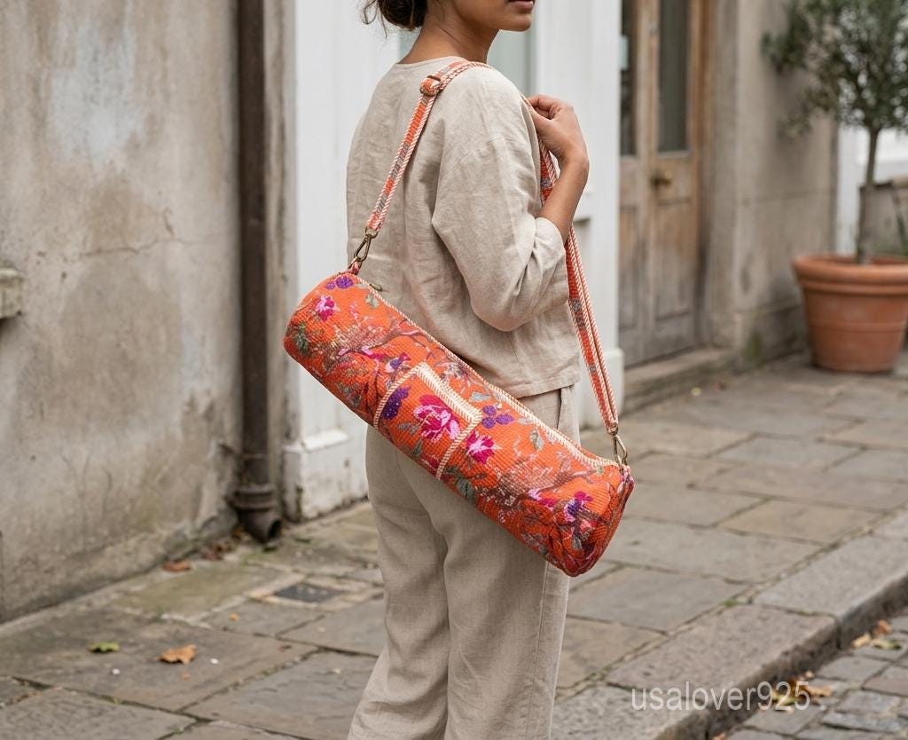 Quilted Cotton Yoga Mat Bag, Orange Magenta Floral Bird Crossbody Carrier, Zipper Pocket Holder