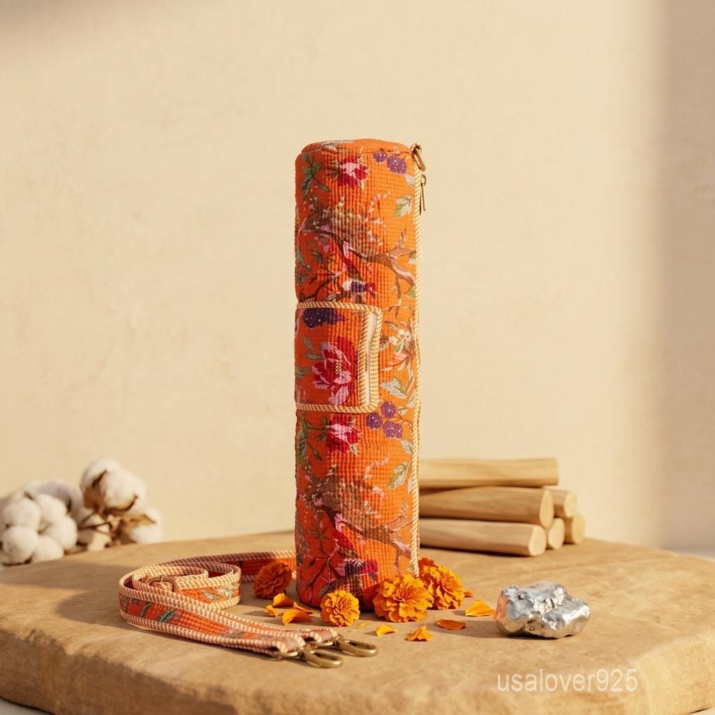 Quilted Cotton Yoga Mat Bag, Orange Magenta Floral Bird Crossbody Carrier, Zipper Pocket Holder