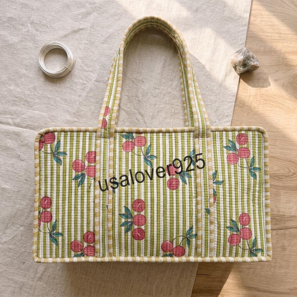 Handmade Quilted Cotton Mahjong Bag – Green Stripe Red Cherry Game Tile Storage Tote