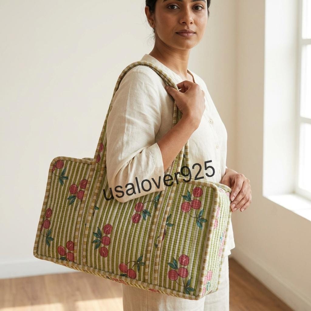 Handmade Quilted Cotton Mahjong Bag – Green Stripe Red Cherry Game Tile Storage Tote