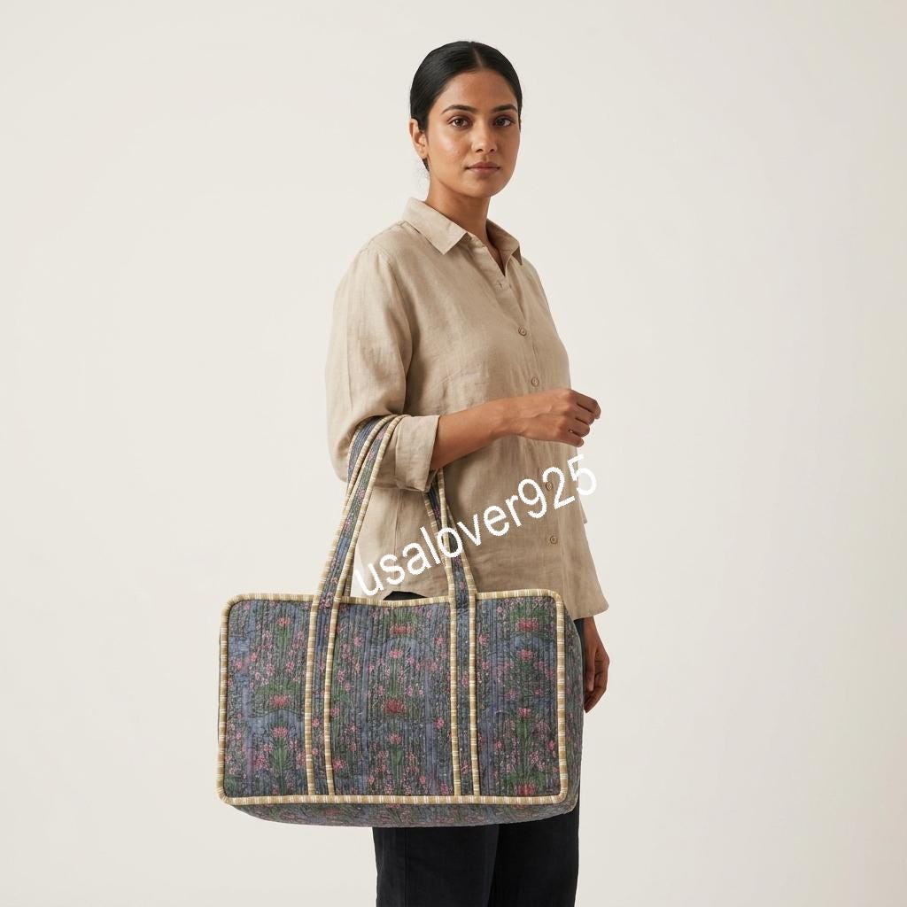 Handmade Quilted Cotton Mahjong Bag – Slate Blue Pink Floral Game Tile Storage Tote