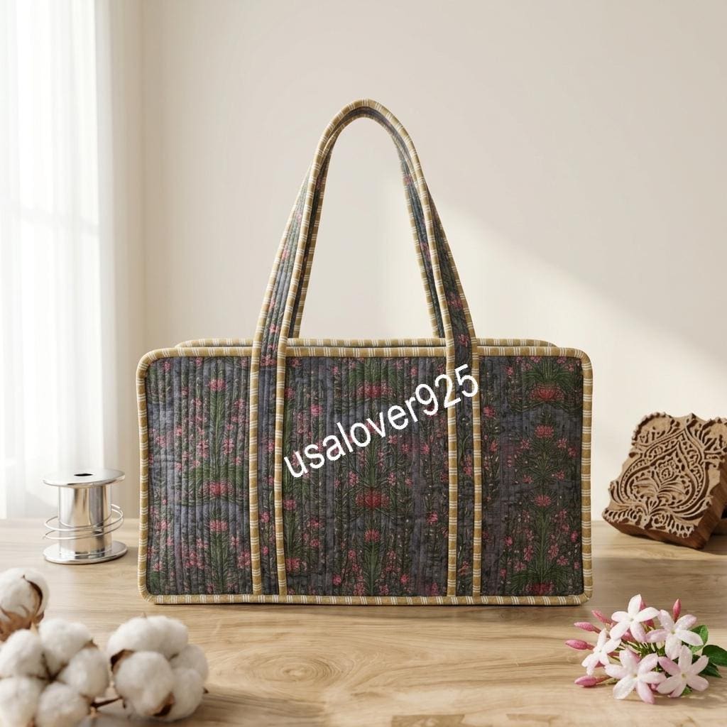 Handmade Quilted Cotton Mahjong Bag – Slate Blue Pink Floral Game Tile Storage Tote