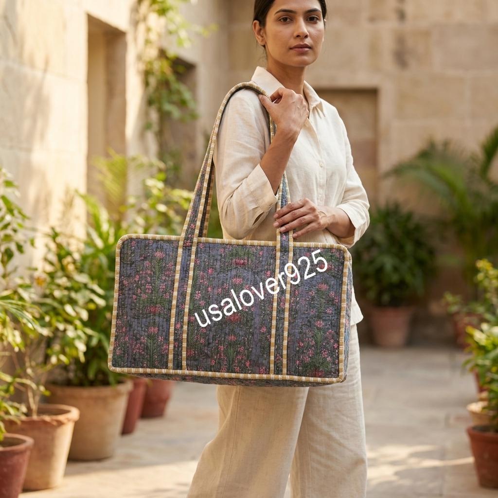 Handmade Quilted Cotton Mahjong Bag – Slate Blue Pink Floral Game Tile Storage Tote