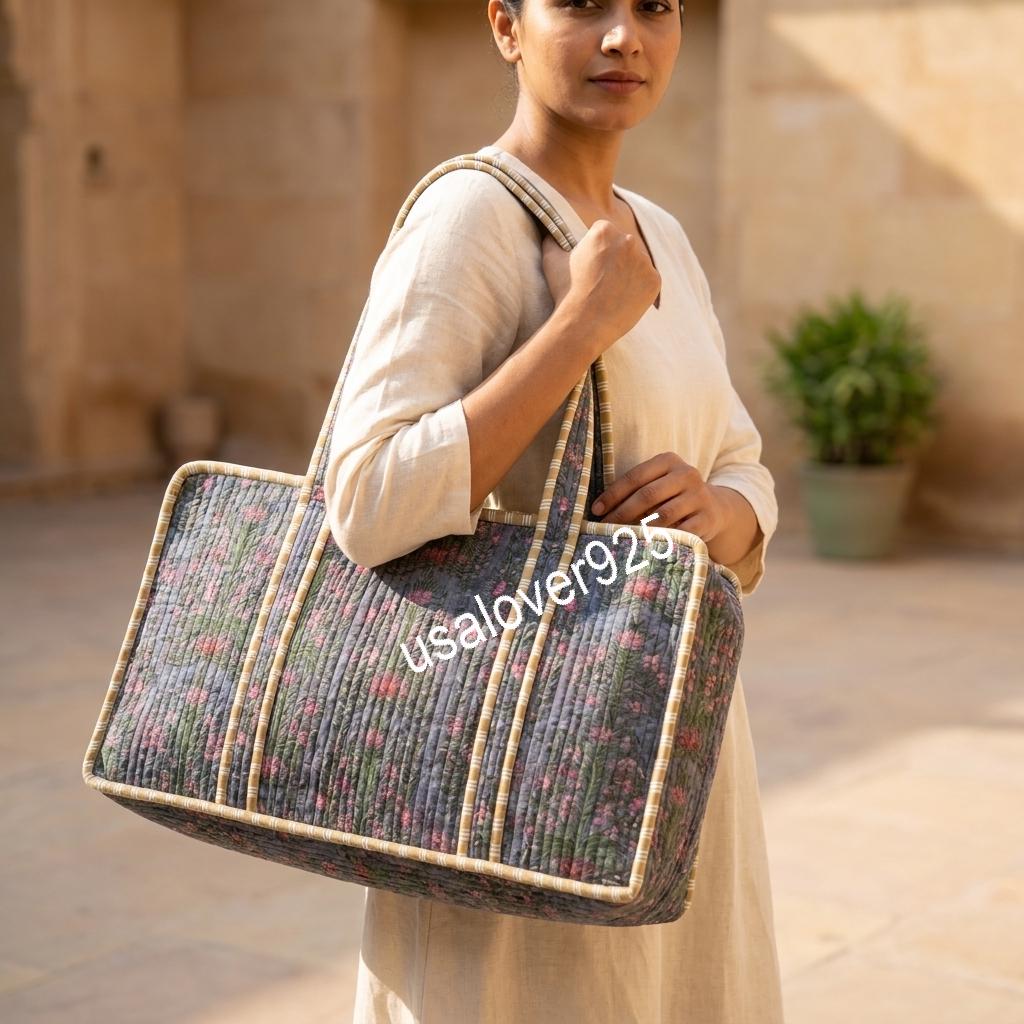 Handmade Quilted Cotton Mahjong Bag – Slate Blue Pink Floral Game Tile Storage Tote