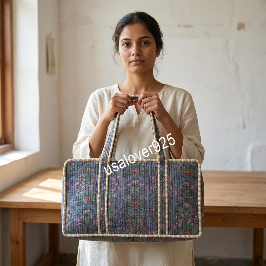 Handmade Quilted Cotton Mahjong Bag – Slate Blue Pink Floral Game Tile Storage Tote