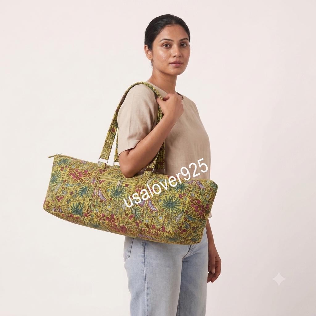 Quilted Cotton Travel Duffle Bag, Mustard Yellow Floral Block Print Carryall, Zipper Weekender