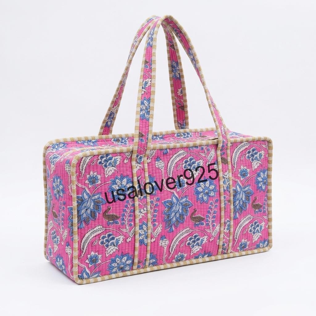 Handmade Quilted Cotton Mahjong Bag – Bright Pink Blue Floral Game Tile Storage Tote
