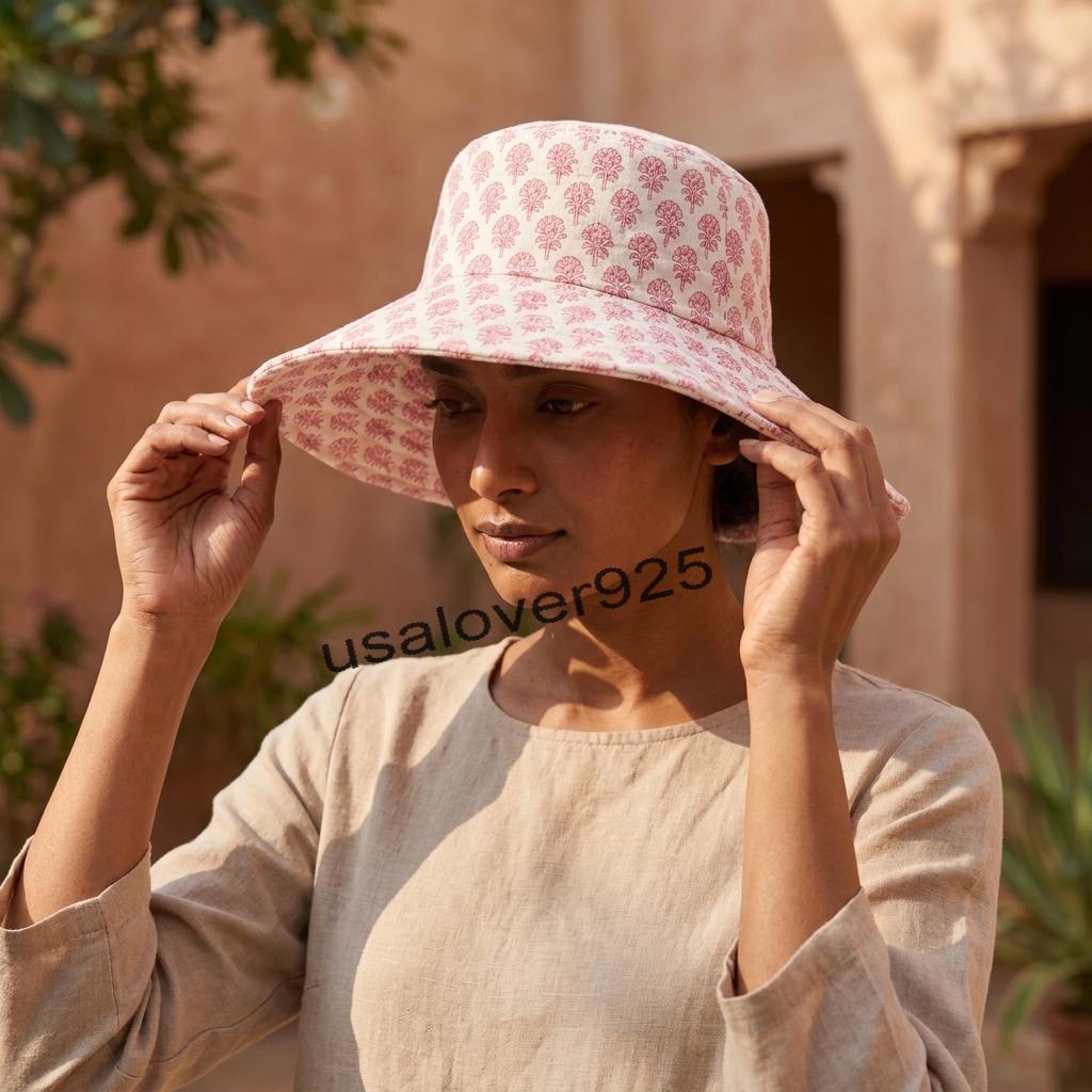 Handmade Cotton Sun Hat – Pink Floral Wide Brim Block Print Beach & Garden Hat