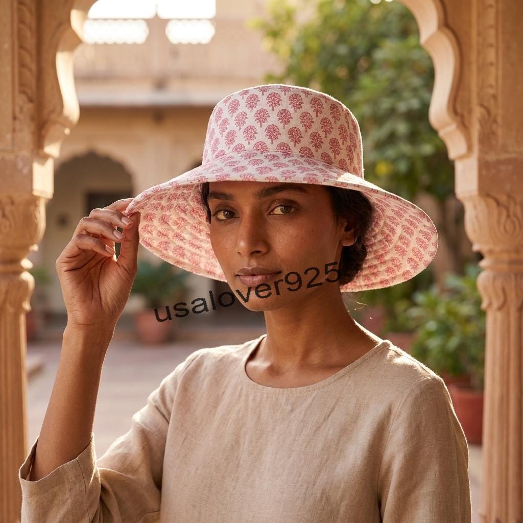 Handmade Cotton Sun Hat – Pink Floral Wide Brim Block Print Beach & Garden Hat