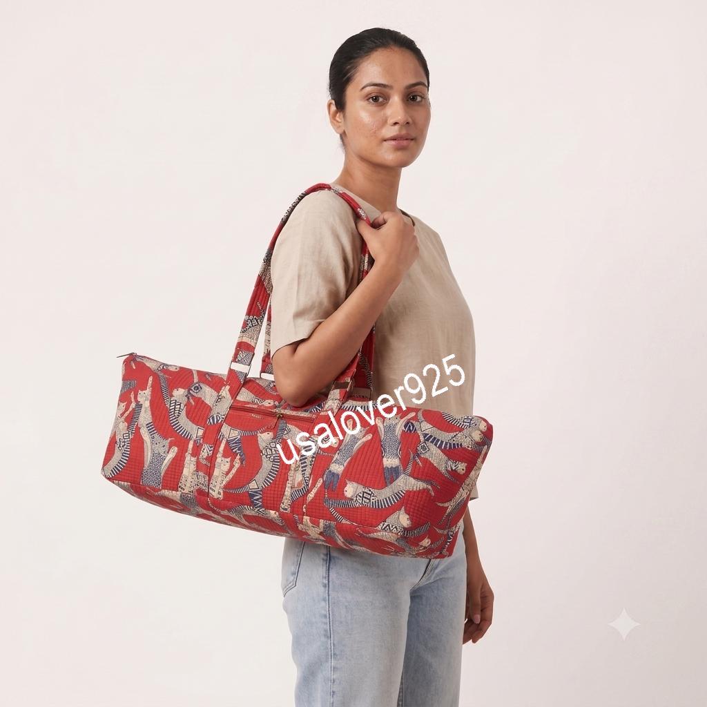 Quilted Cotton Travel Duffle Bag, Red Cat Block Print Carryall, Zipper Weekender Tote