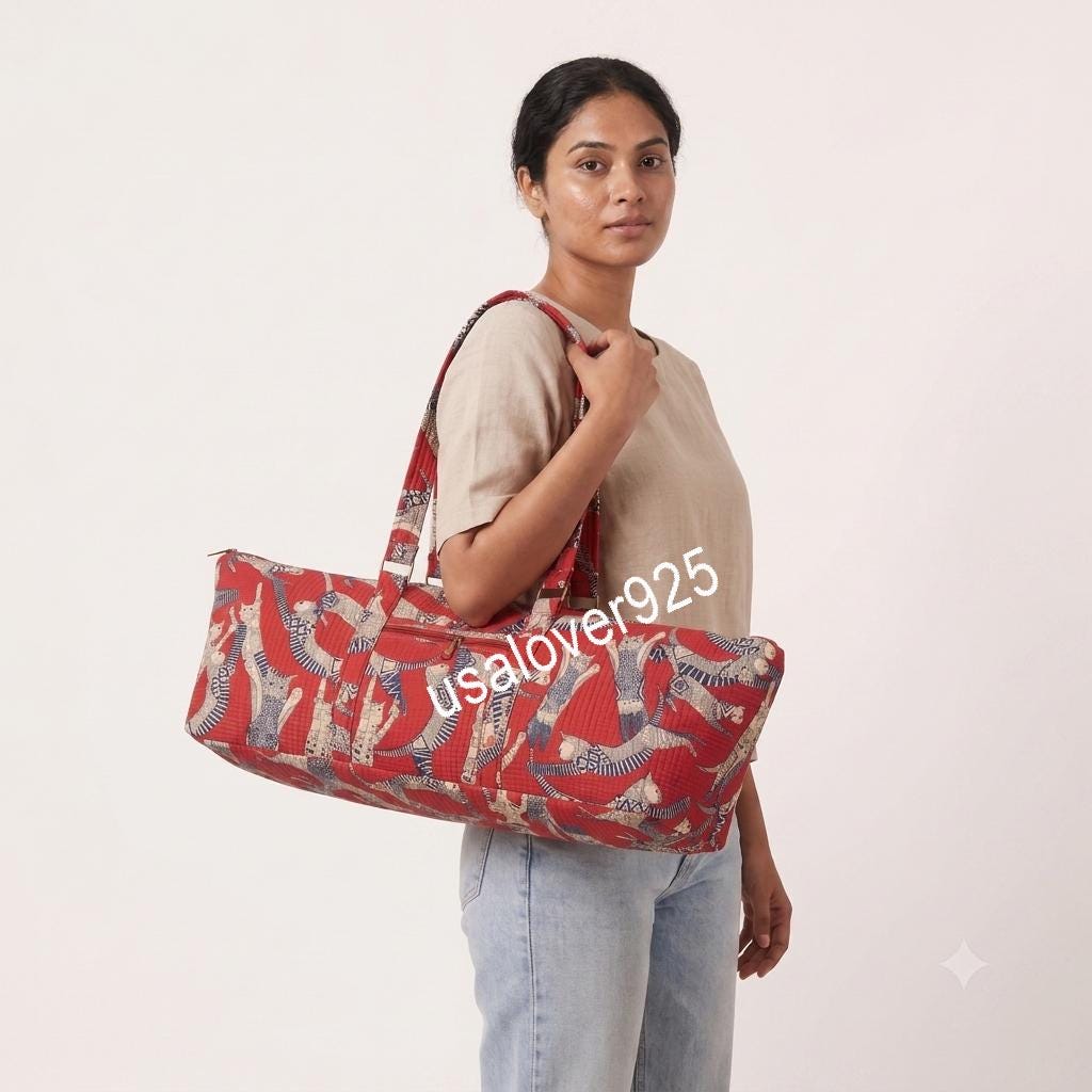 Quilted Cotton Travel Duffle Bag, Red Cat Block Print Carryall, Zipper Weekender Tote