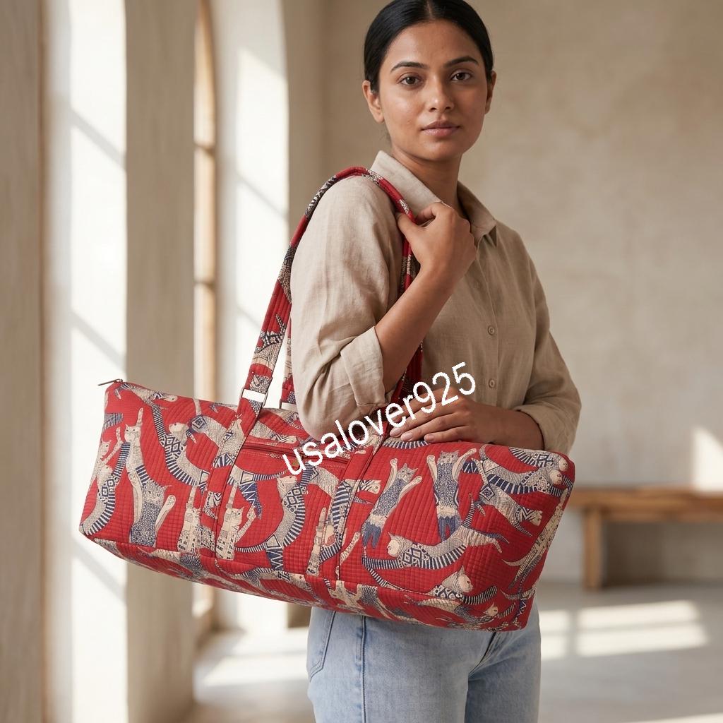 Quilted Cotton Travel Duffle Bag, Red Cat Block Print Carryall, Zipper Weekender Tote
