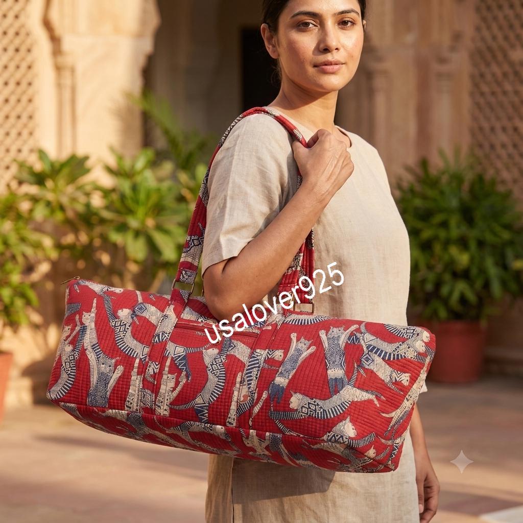 Quilted Cotton Travel Duffle Bag, Red Cat Block Print Carryall, Zipper Weekender Tote