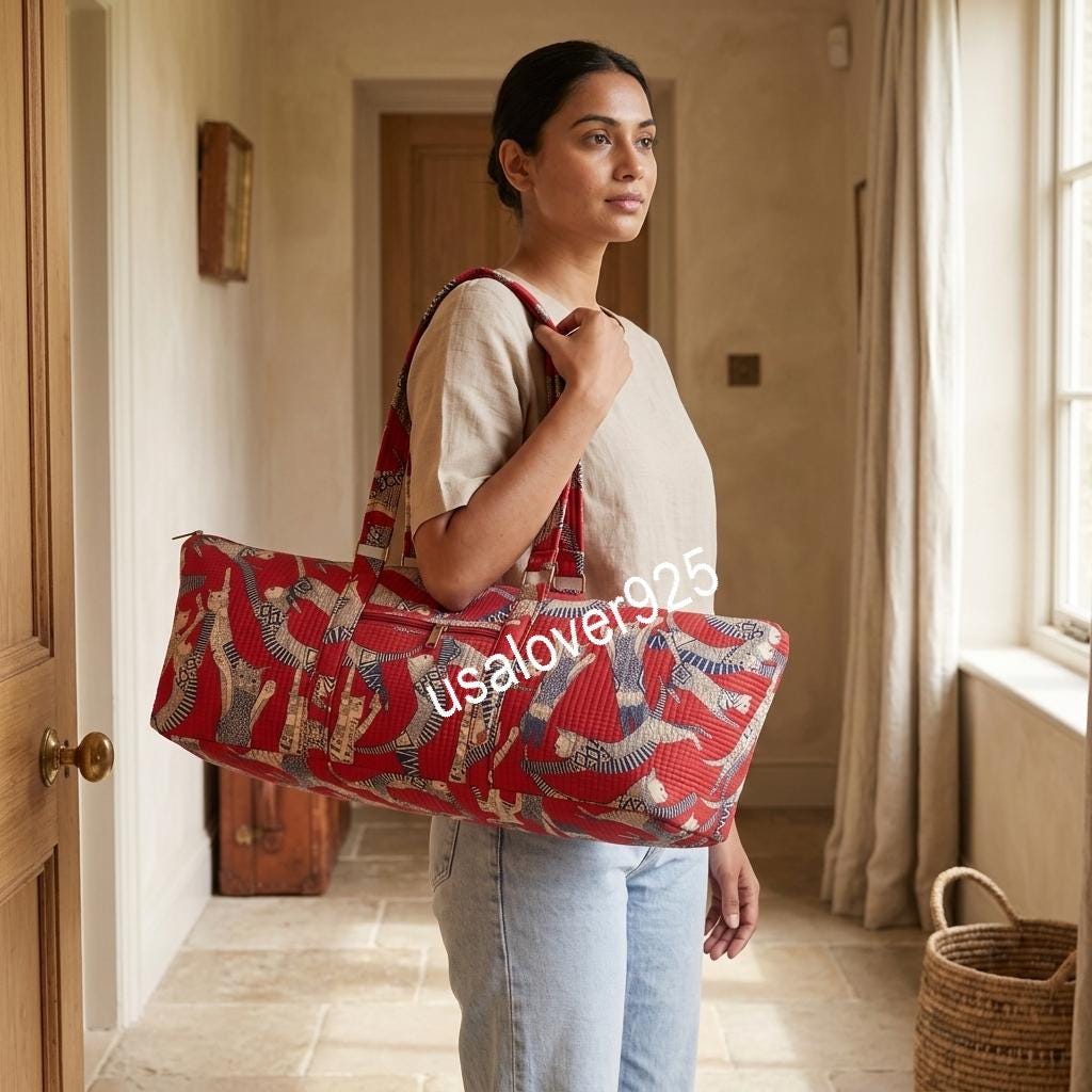 Quilted Cotton Travel Duffle Bag, Red Cat Block Print Carryall, Zipper Weekender Tote