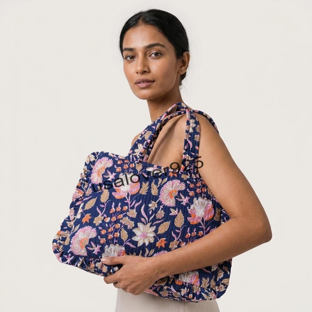 Handmade Ruffled Cotton Tote Bag – Navy Blue Vintage Floral Quilted Shoulder Bag