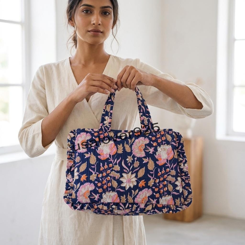 Handmade Ruffled Cotton Tote Bag – Navy Blue Vintage Floral Quilted Shoulder Bag
