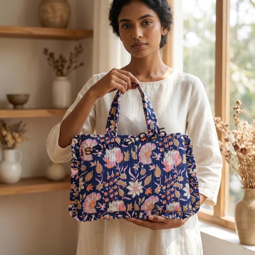 Handmade Ruffled Cotton Tote Bag – Navy Blue Vintage Floral Quilted Shoulder Bag