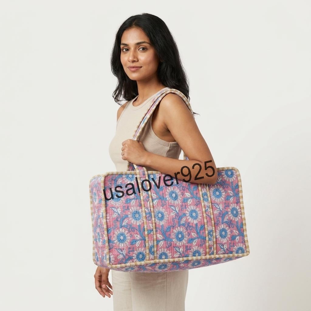 Handmade Quilted Cotton Mahjong Bag – Pink Blue Daisy Floral Game Tile Storage Tote