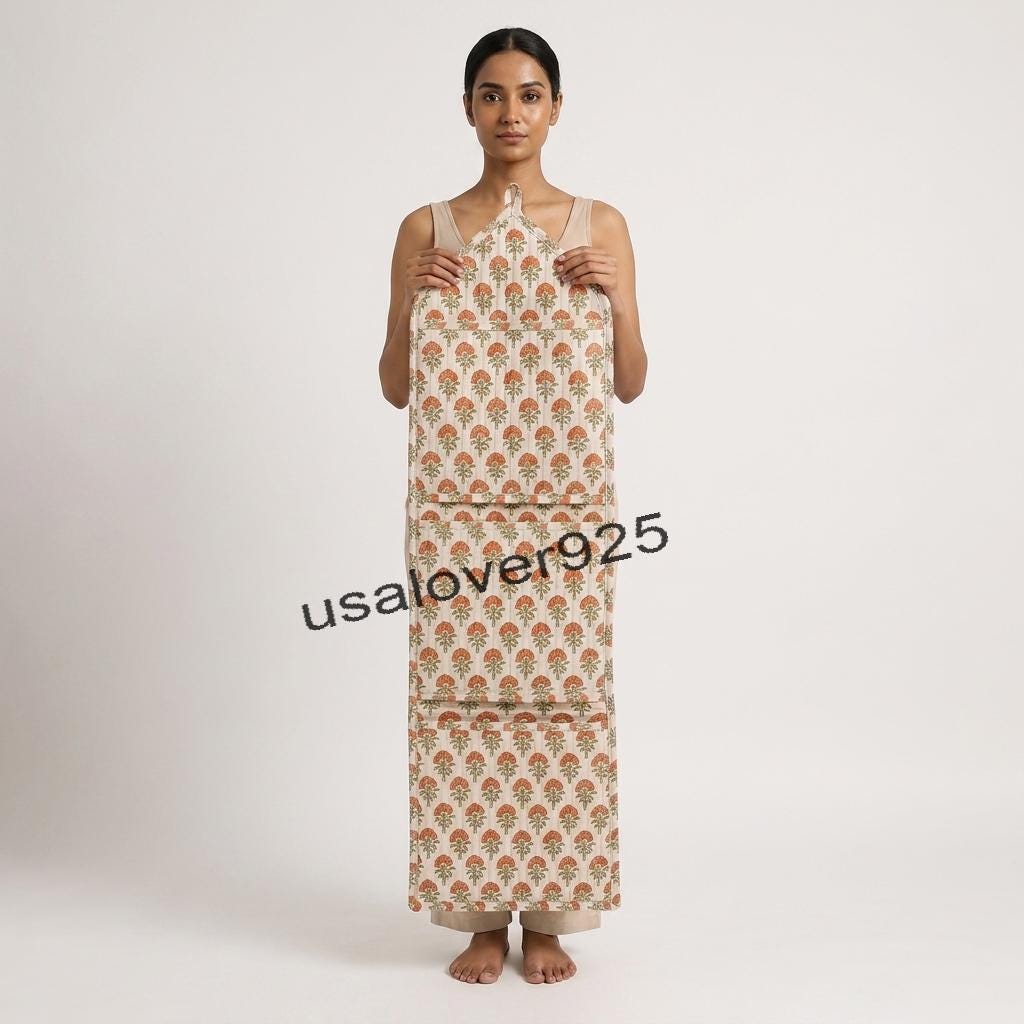 Quilted Cotton Wall Organizer – Cream Peach Floral 3 Pocket Hanging Storage