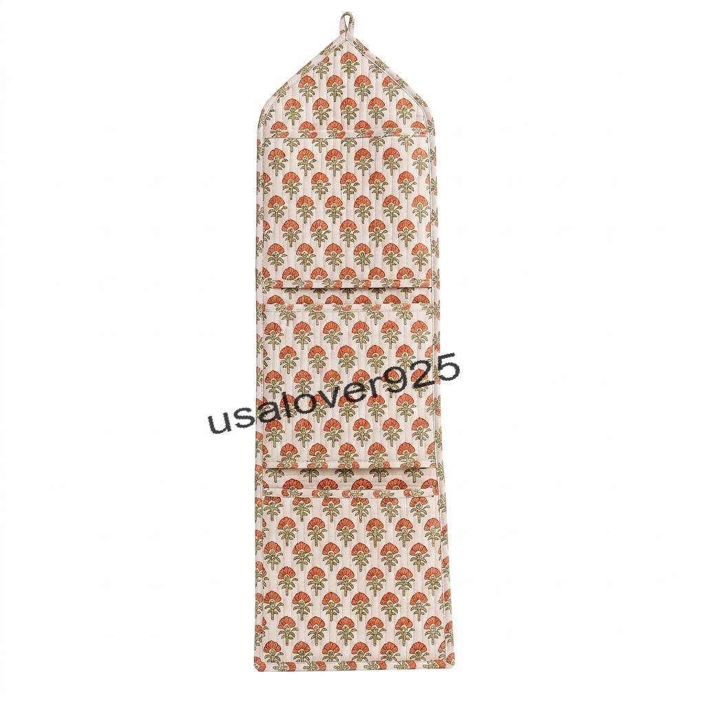 Quilted Cotton Wall Organizer – Cream Peach Floral 3 Pocket Hanging Storage