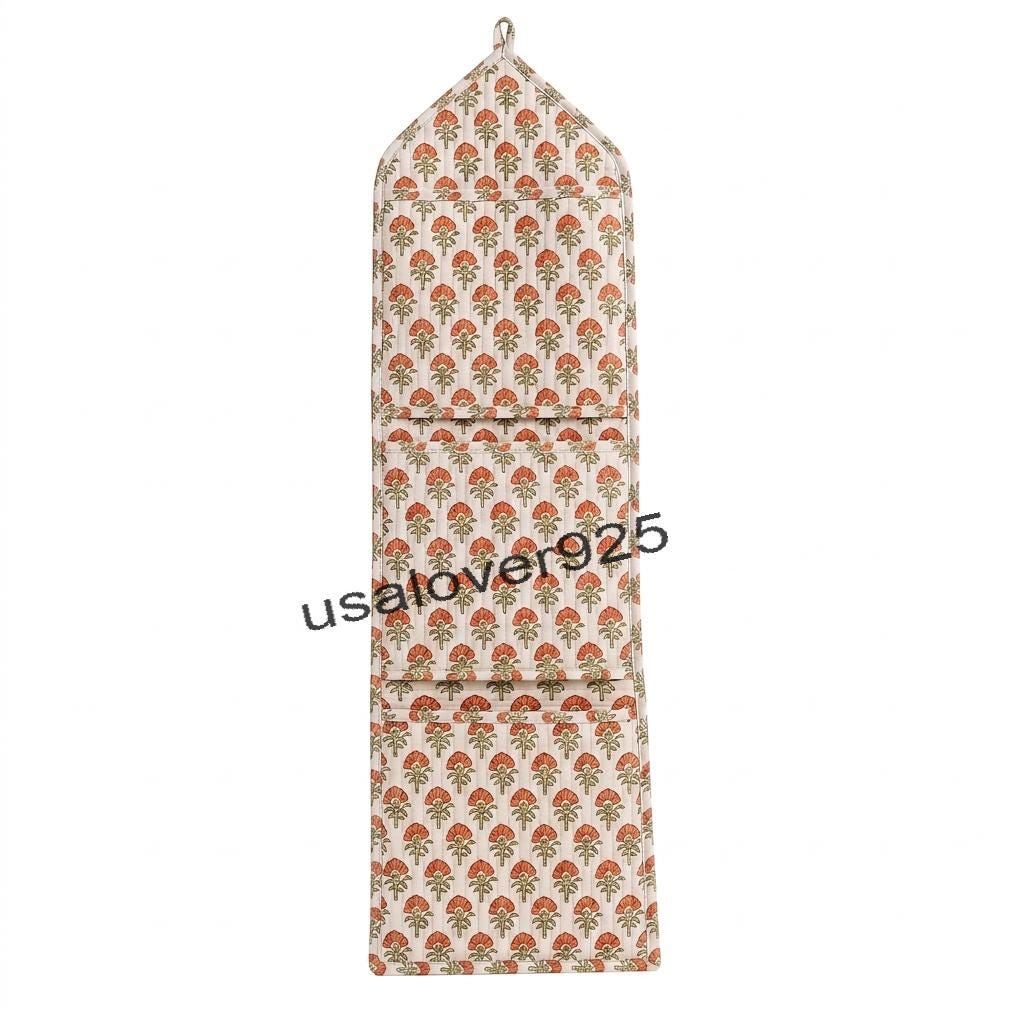 Quilted Cotton Wall Organizer – Cream Peach Floral 3 Pocket Hanging Storage