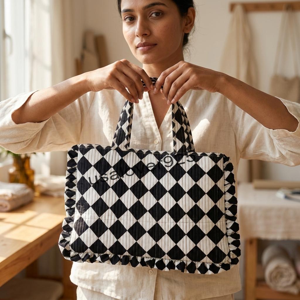 Handmade Ruffled Cotton Tote Bag – Black White Checkerboard Quilted Shoulder Bag
