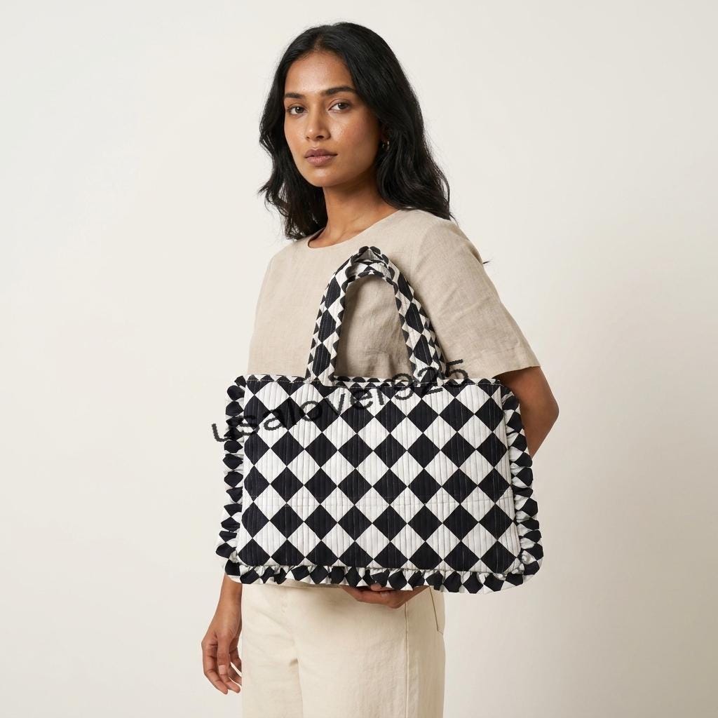 Handmade Ruffled Cotton Tote Bag – Black White Checkerboard Quilted Shoulder Bag