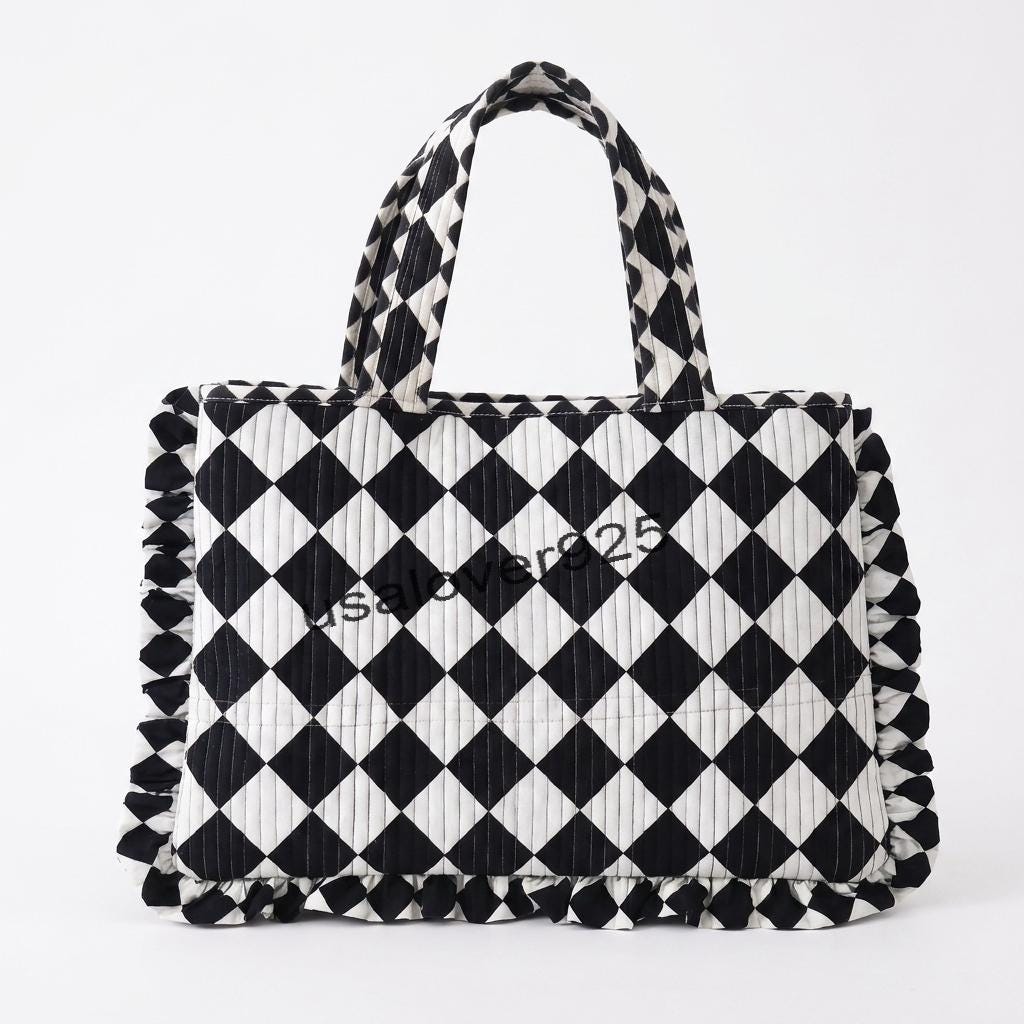 Handmade Ruffled Cotton Tote Bag – Black White Checkerboard Quilted Shoulder Bag