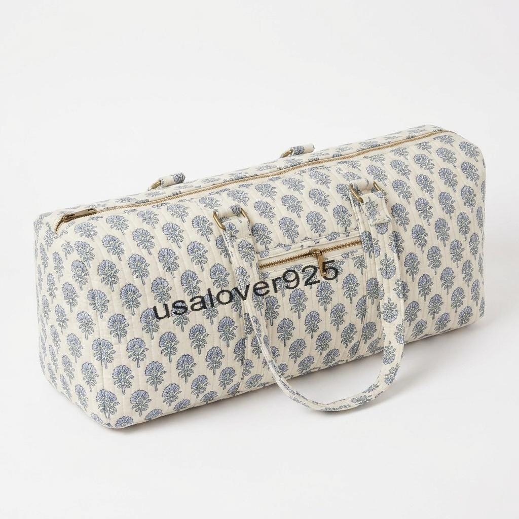 Quilted Cotton Yoga Mat Bag – Cream Blue Floral Gym Duffle & Travel Tote