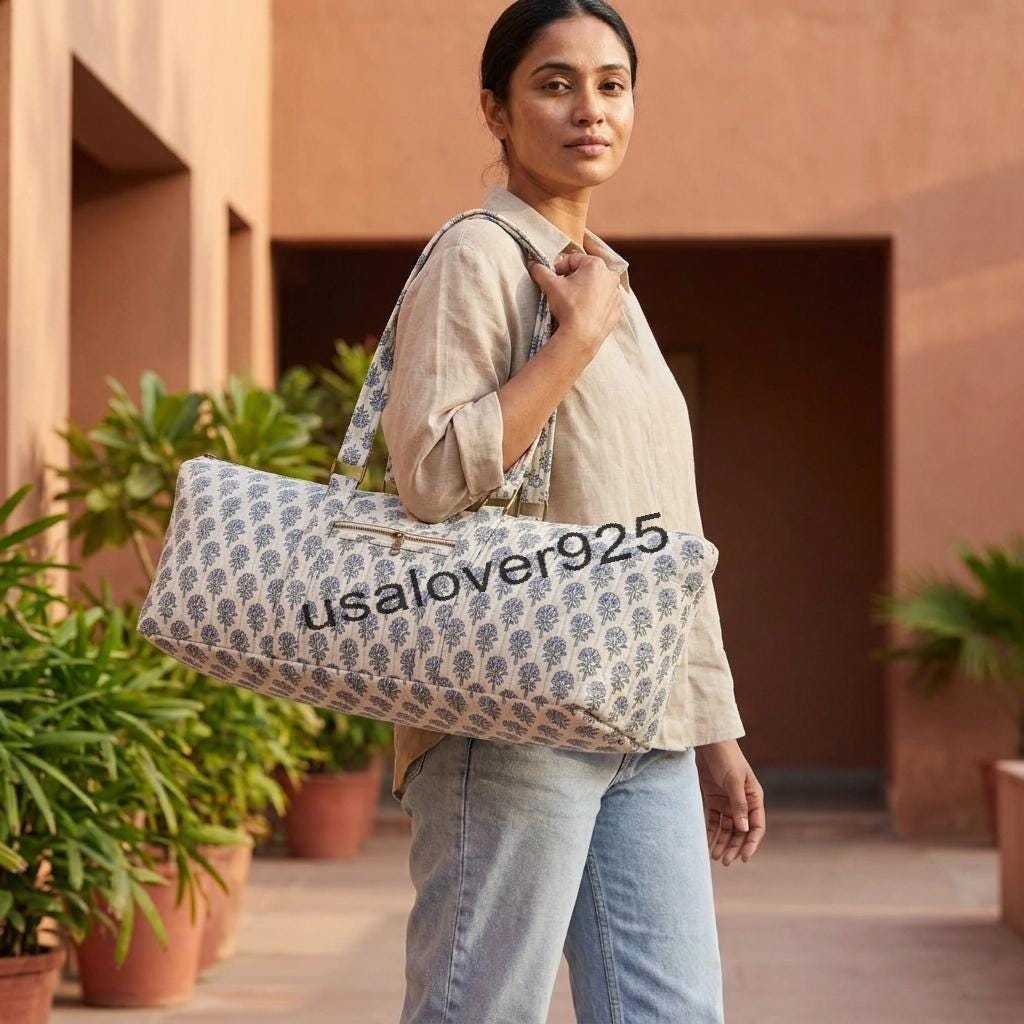 Quilted Cotton Yoga Mat Bag – Cream Blue Floral Gym Duffle & Travel Tote
