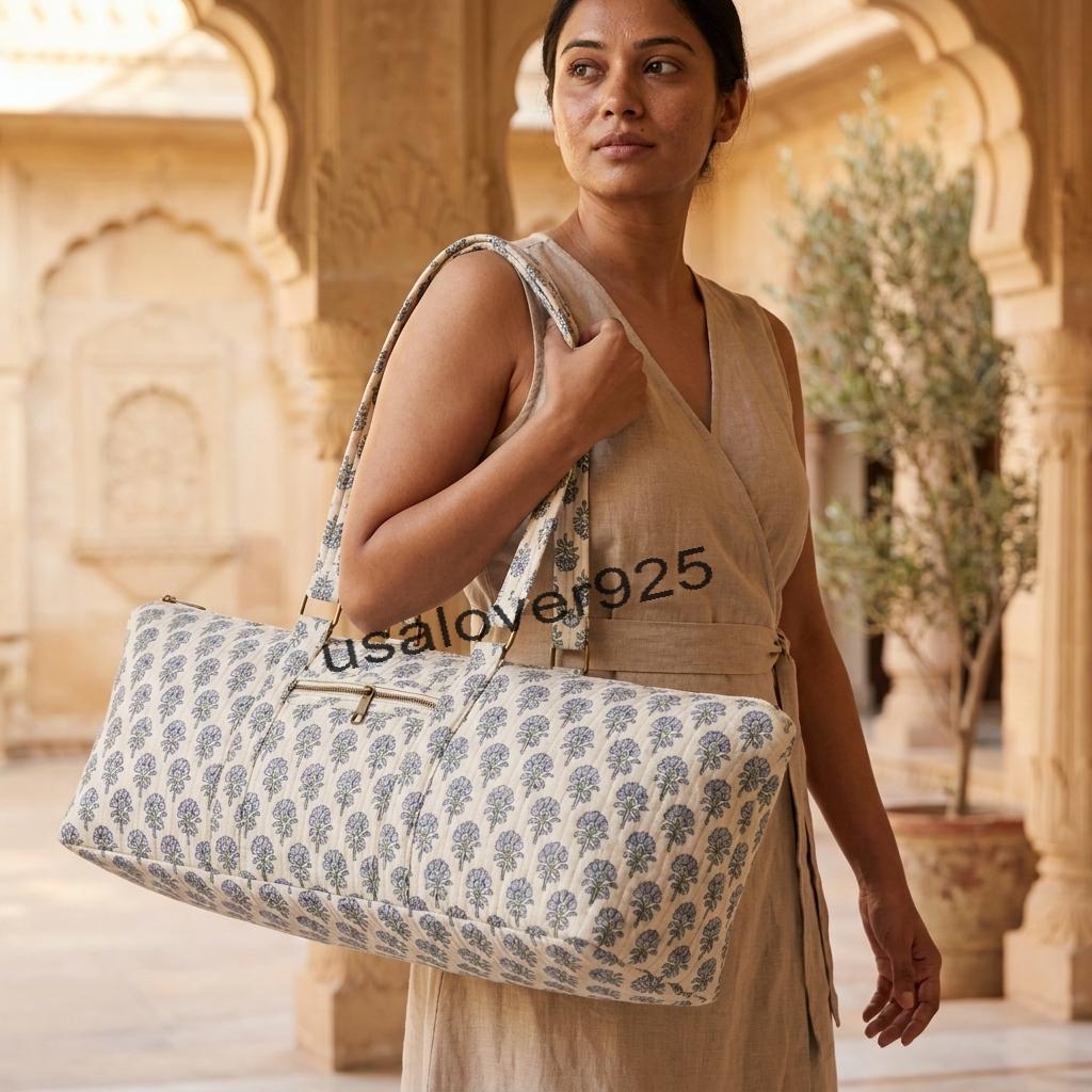 Quilted Cotton Yoga Mat Bag – Cream Blue Floral Gym Duffle & Travel Tote