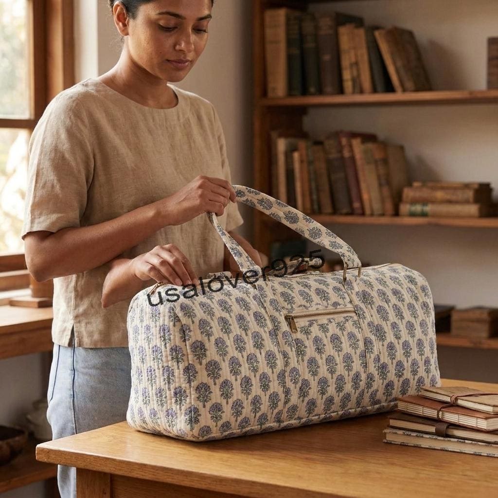 Quilted Cotton Yoga Mat Bag – Cream Blue Floral Gym Duffle & Travel Tote