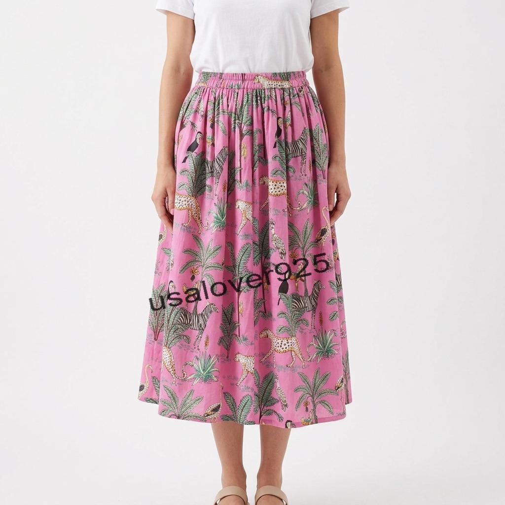 Handmade Cotton Maxi Skirt – Pink Safari Animal Block Print Elastic Waist Long Skirt