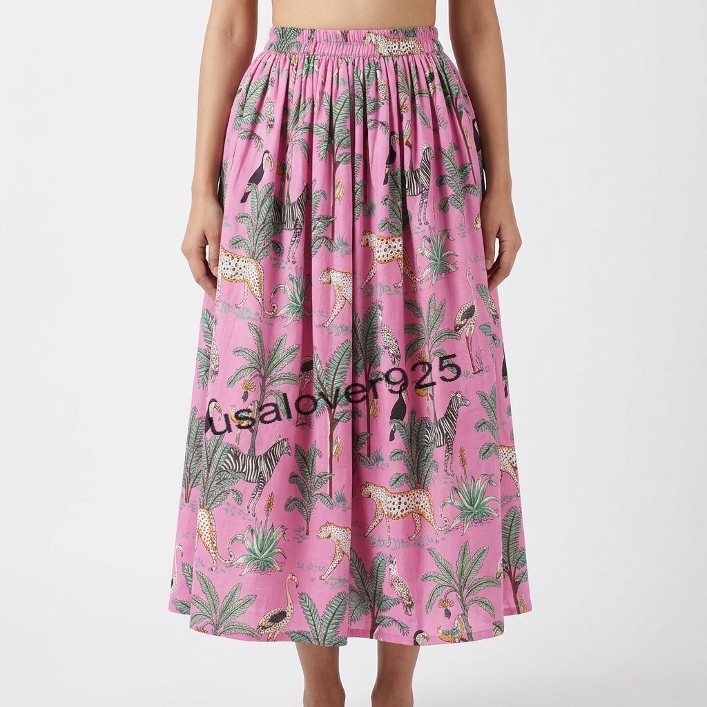 Handmade Cotton Maxi Skirt – Pink Safari Animal Block Print Elastic Waist Long Skirt