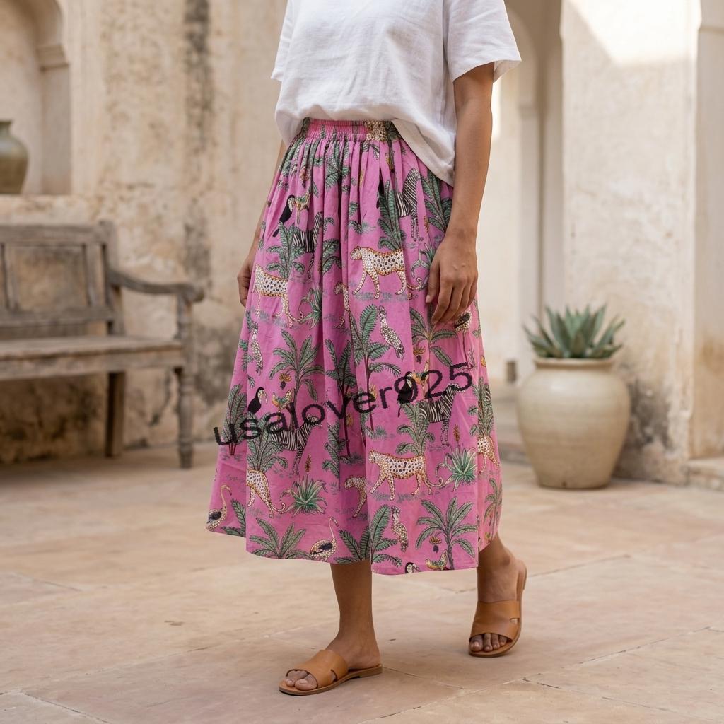 Handmade Cotton Maxi Skirt – Pink Safari Animal Block Print Elastic Waist Long Skirt