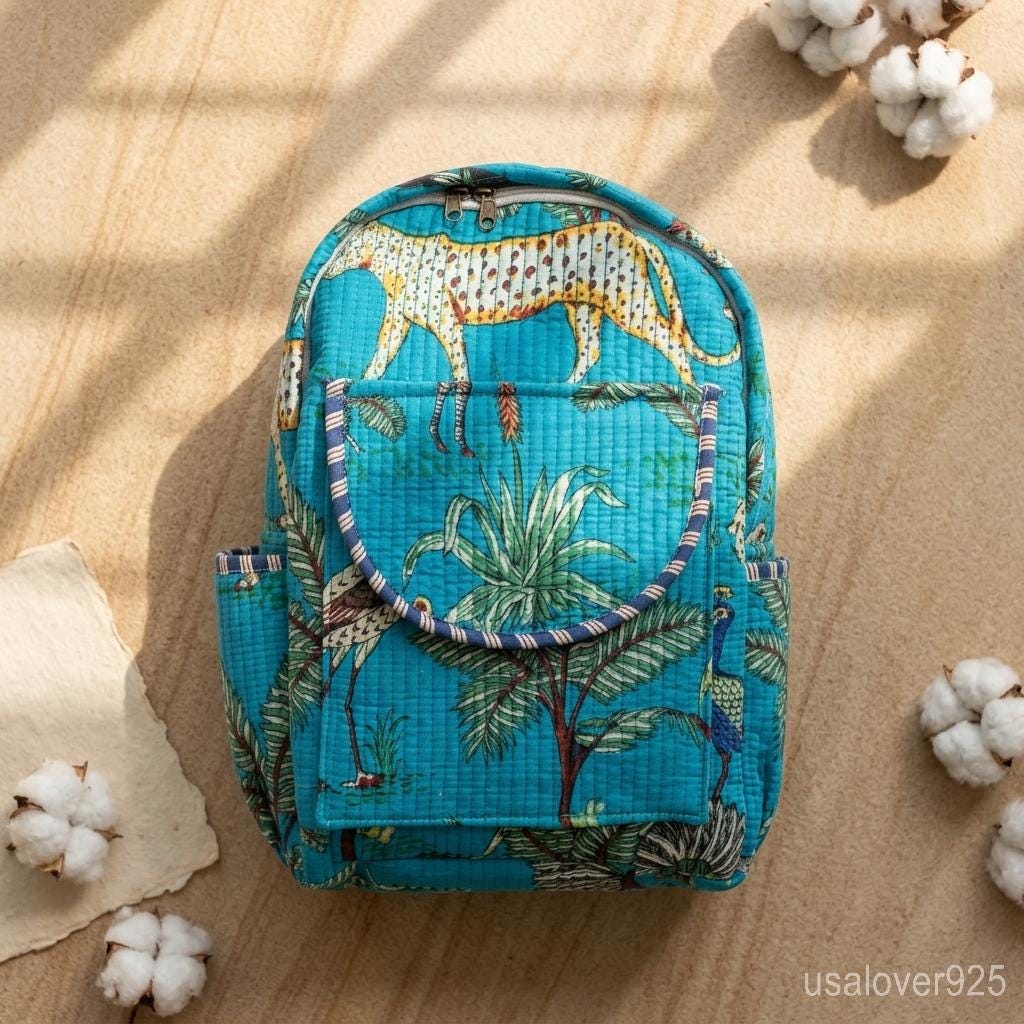 Handmade Quilted Cotton Backpack – Turquoise Jungle Safari Animal Print Boho Travel Bag