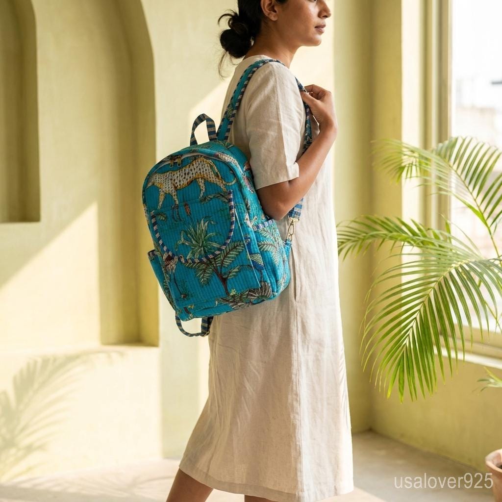 Handmade Quilted Cotton Backpack – Turquoise Jungle Safari Animal Print Boho Travel Bag