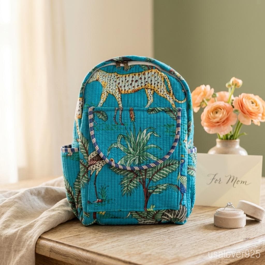 Handmade Quilted Cotton Backpack – Turquoise Jungle Safari Animal Print Boho Travel Bag