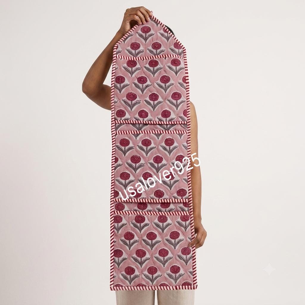 Handmade Quilted Cotton Wall Organizer, Pink Floral Pocket Hanger, Door Mail Storage Holder
