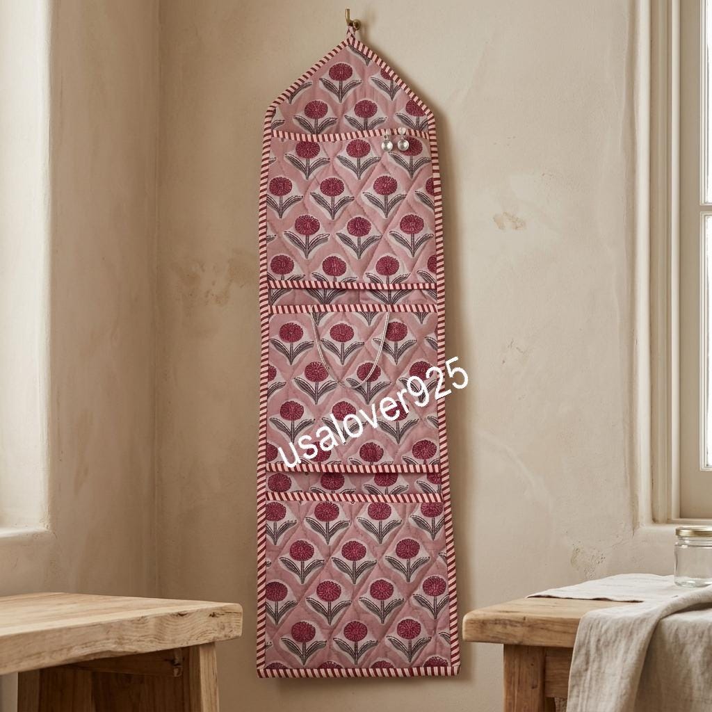 Handmade Quilted Cotton Wall Organizer, Pink Floral Pocket Hanger, Door Mail Storage Holder
