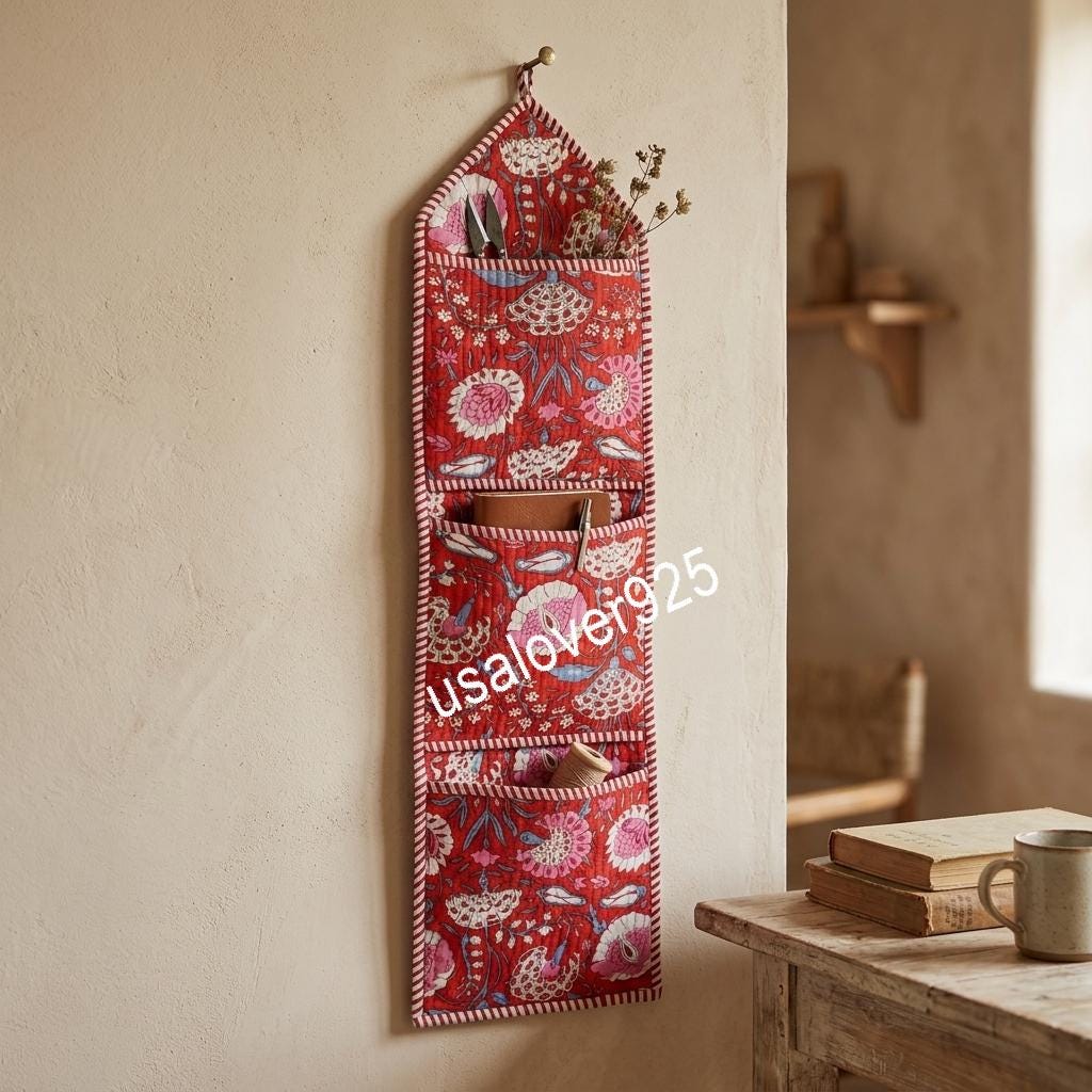 Handmade Quilted Cotton Wall Organizer, Red Floral Pocket Hanger, Door Mail Storage Holder