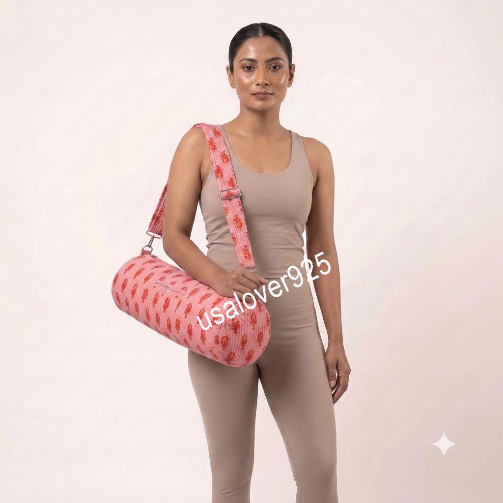 Handmade Quilted Cotton Yoga Mat Bag, Pink Lobster Print Crossbody Carrier, Zipper Pocket Holder