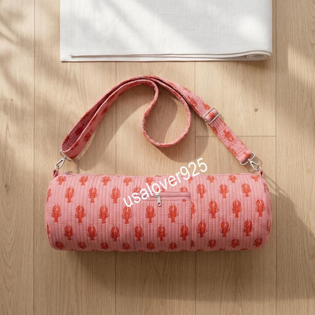 Handmade Quilted Cotton Yoga Mat Bag, Pink Lobster Print Crossbody Carrier, Zipper Pocket Holder