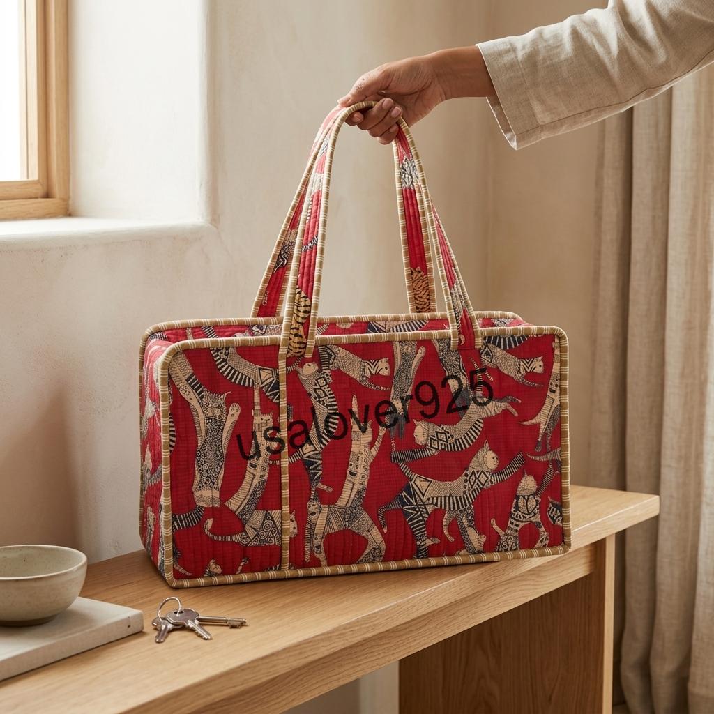 Handmade Quilted Cotton Mahjong Bag, Red Cat Print Tile Storage Case, Travel Game Carryall