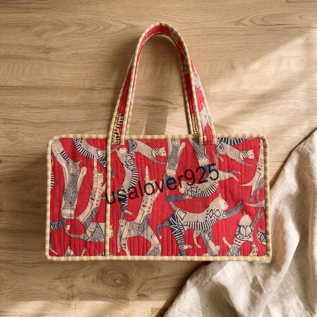 Handmade Quilted Cotton Mahjong Bag, Red Cat Print Tile Storage Case, Travel Game Carryall