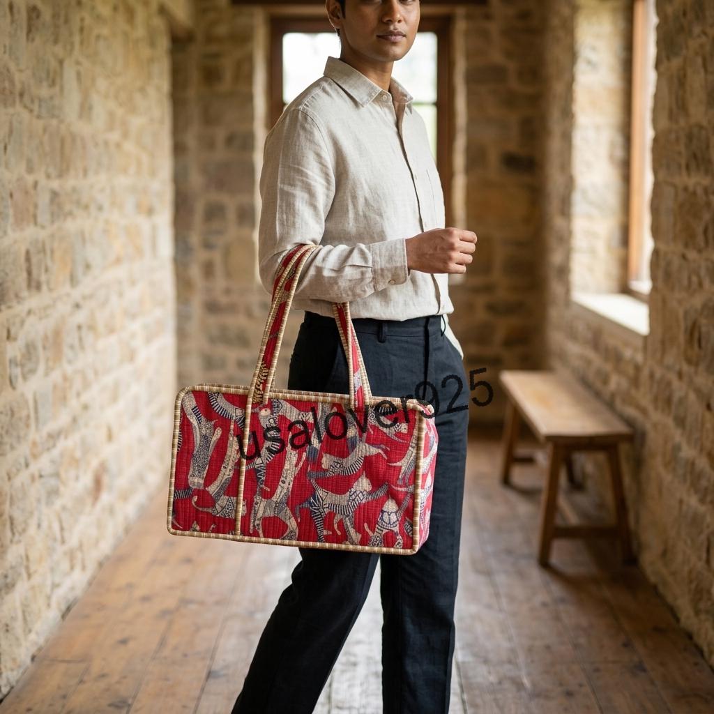 Handmade Quilted Cotton Mahjong Bag, Red Cat Print Tile Storage Case, Travel Game Carryall