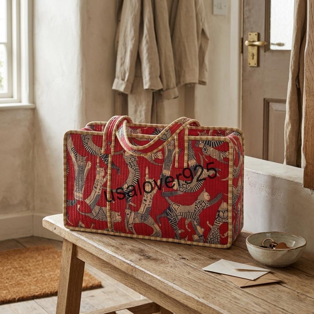 Handmade Quilted Cotton Mahjong Bag, Red Cat Print Tile Storage Case, Travel Game Carryall