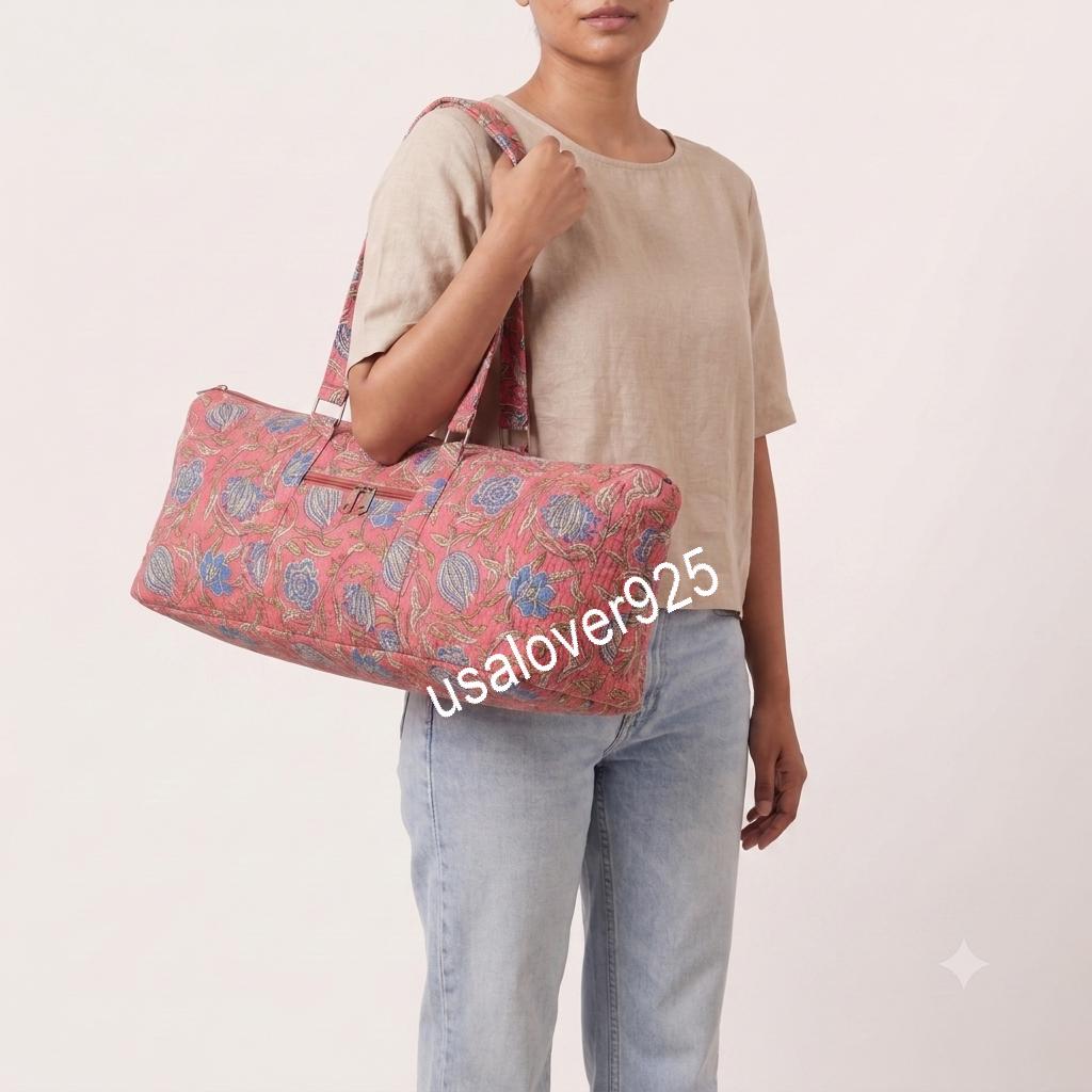 Quilted Cotton Duffle Bag, Dusty Pink Blue Floral Block Print Weekender Tote